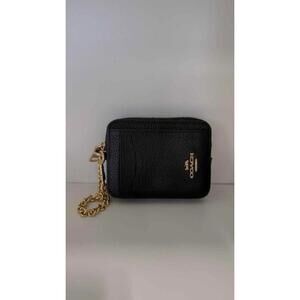 Coach Black Pebbled Leather Coin Purse Card Holder Gold Chain